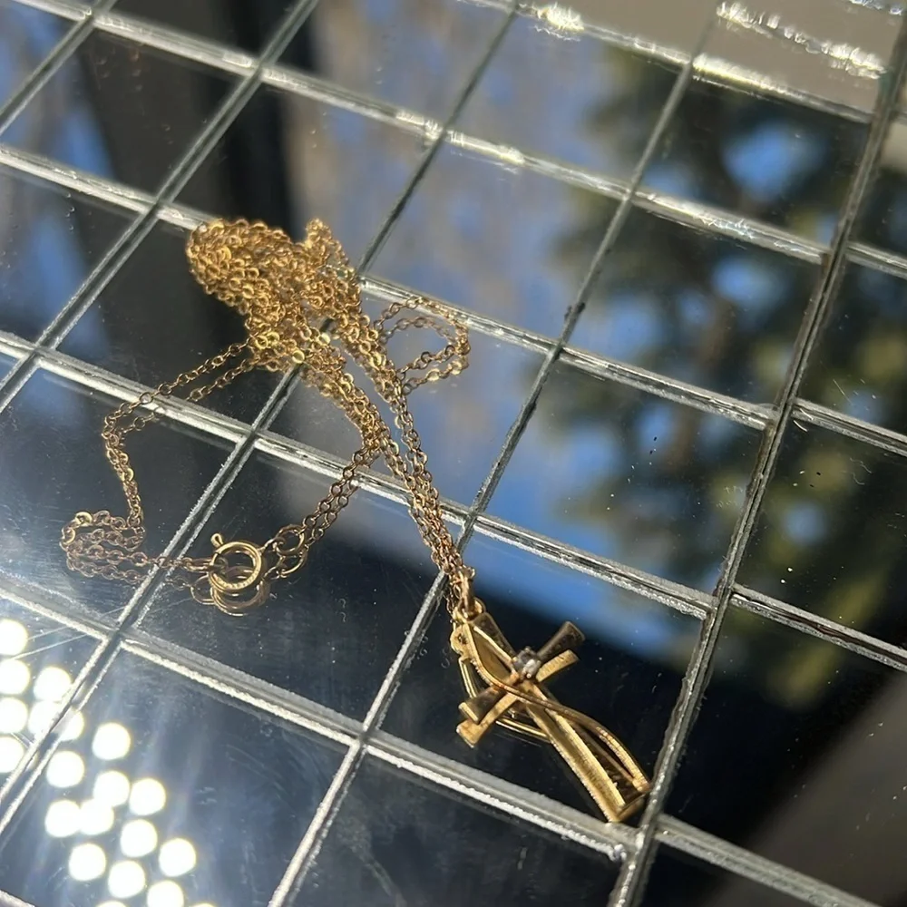 14K gf Vintage Cross with Small Diamond 9” drop Chain Necklace